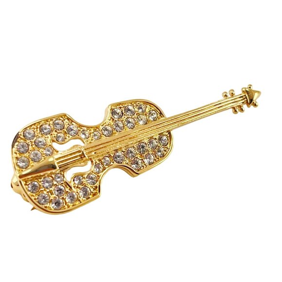 Violin Brooch Pin Gold Plated Clear Rhinestone, Gift for Musician - Picture 3 of 7